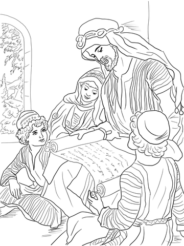 hosea reads to his three children coloring page